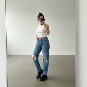 Y2K True Blue Crossover High Waisted Ripped Distressed Denim Baggy Jeans